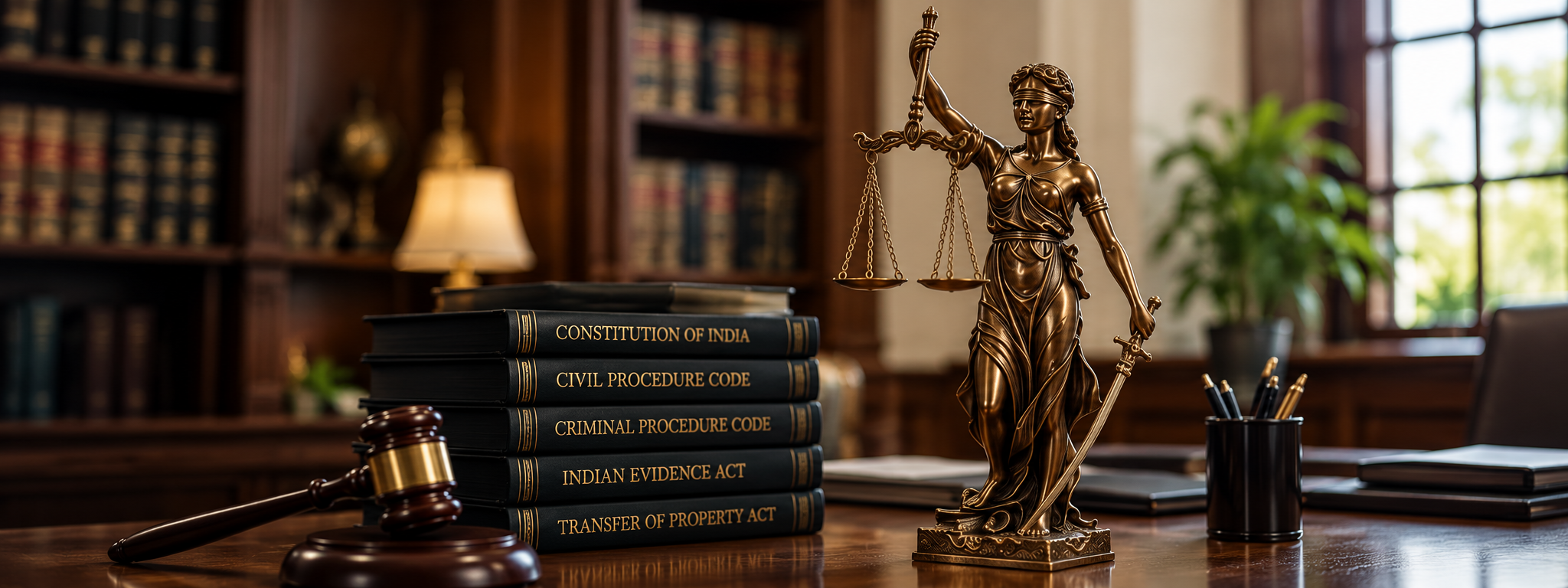 Lady Justice statue, law books, and judicial gavel on advocate study desk
